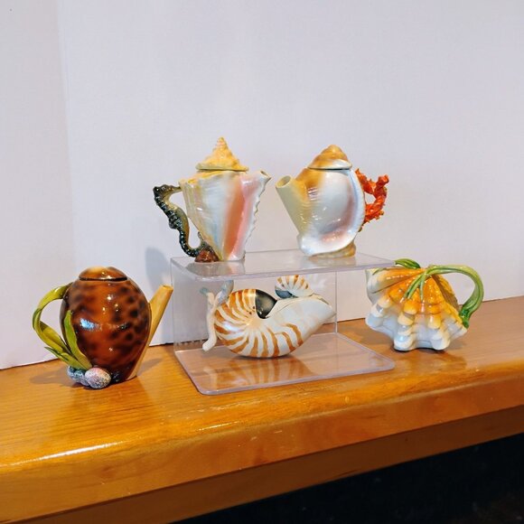 Vtg Mini Seashell Shaped Ceramic Teapot Set of 5 Thailand 3" - Picture 2 of 12